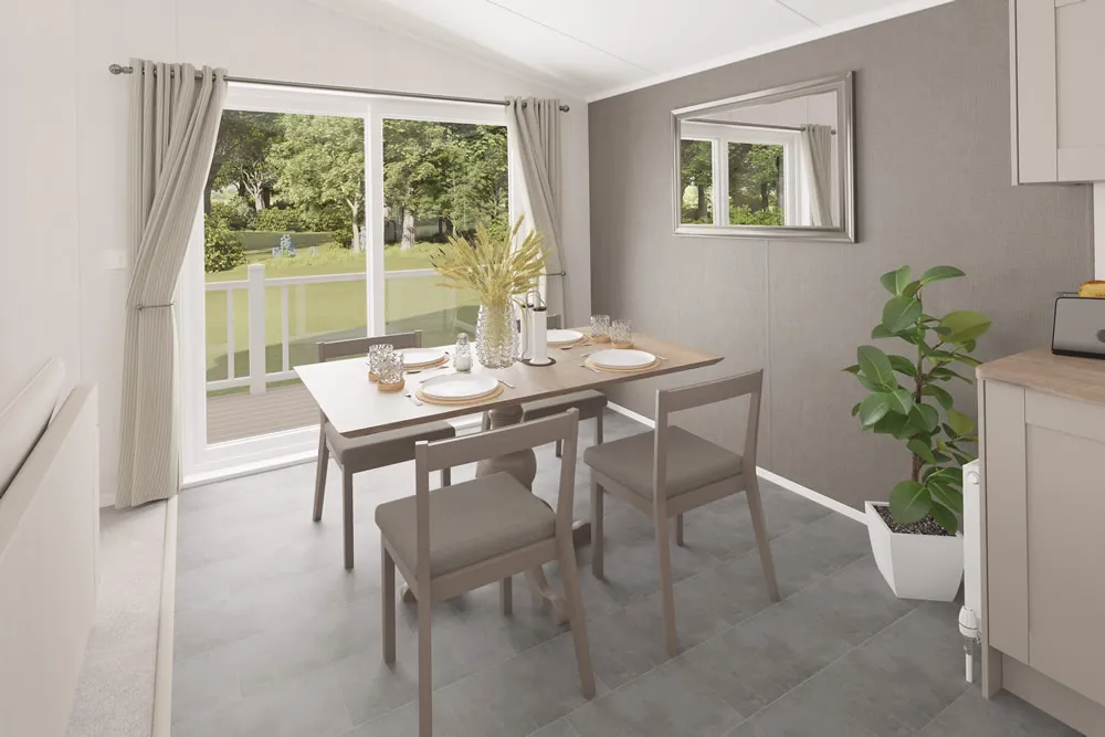 Open-plan living and dining area in the 2025 Swift Montreal Lodge