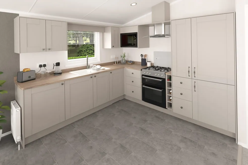 Shaker-style kitchen with integrated appliances in the 2025 Swift Montreal Lodge
