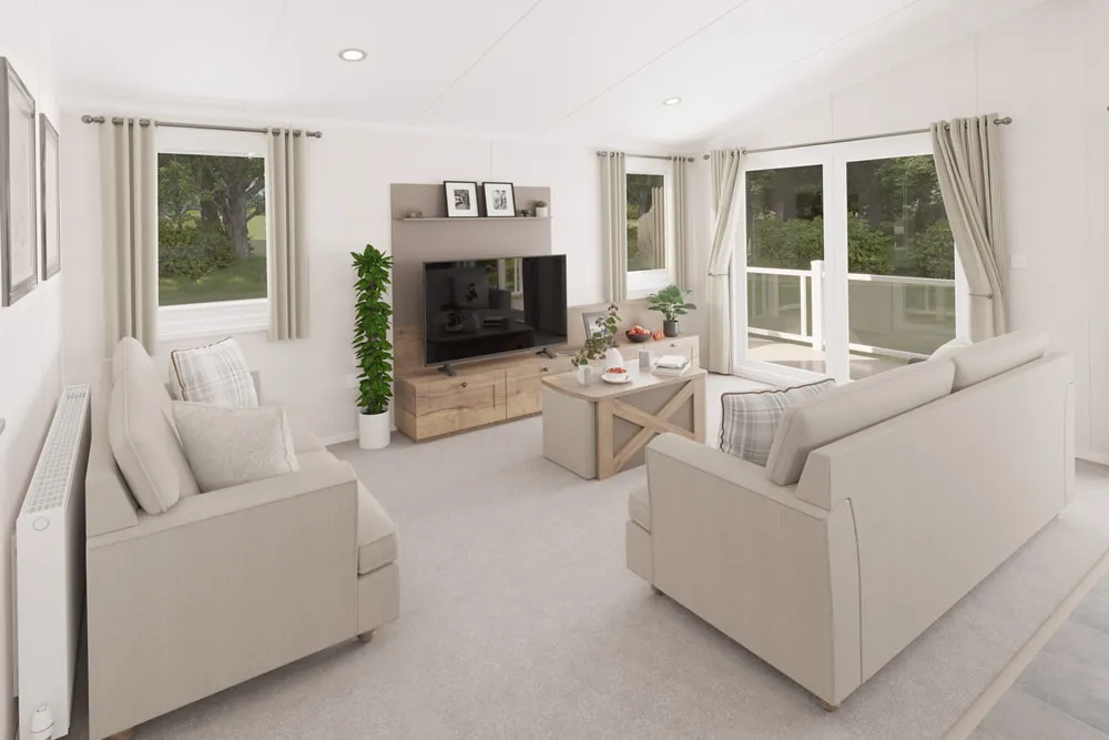 Open-plan living and dining area in the 2025 Swift Montreal Lodge