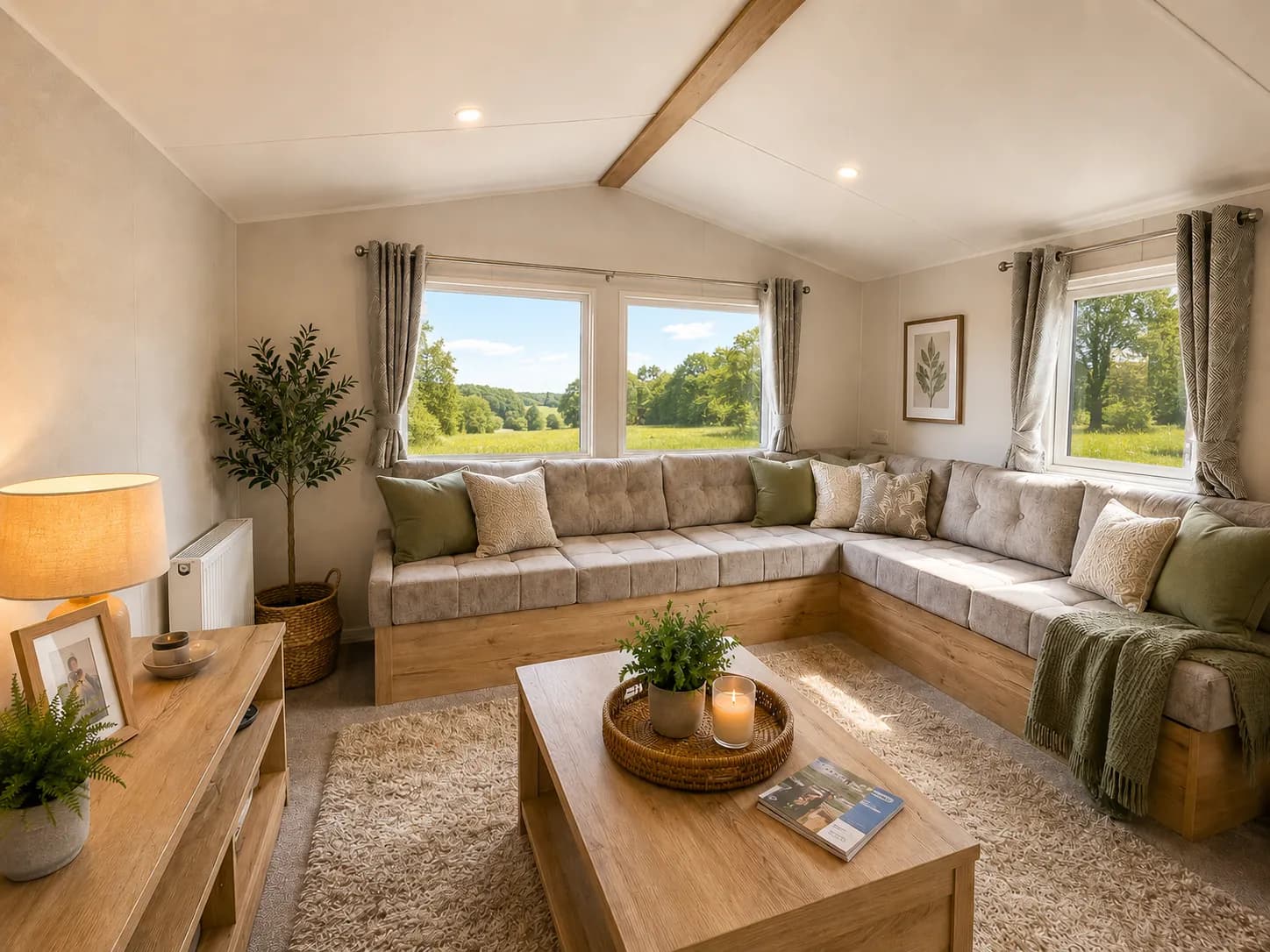 living area of holiday home with L-shaped sofa, coffee table and window