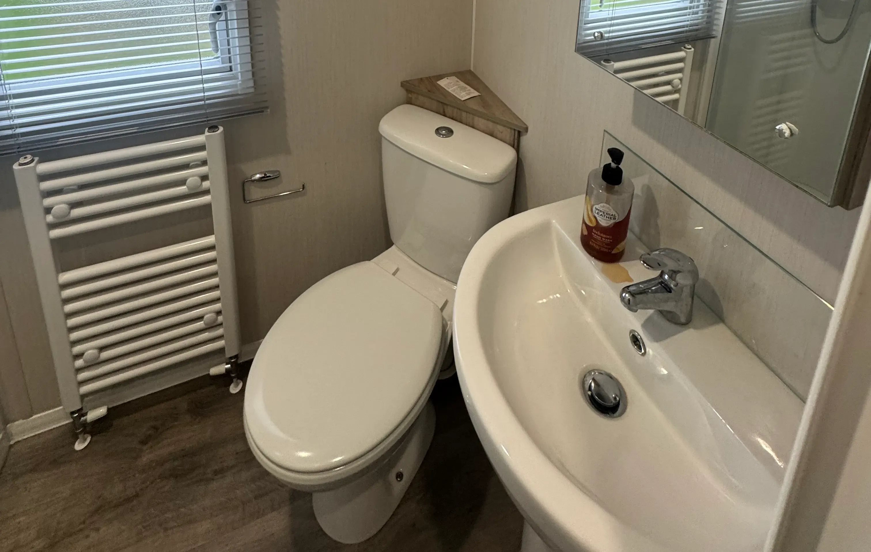 bathroom area with a white porcelain sink, toilet and vertical radiator