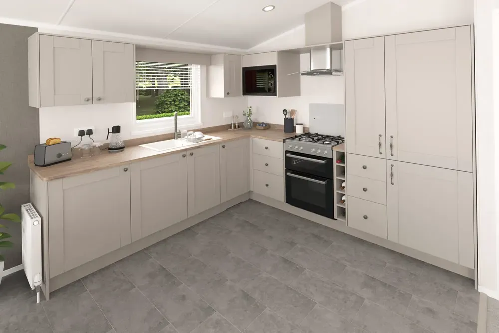 Shaker-style kitchen with integrated appliances in the 2025 Swift Montreal Lodge