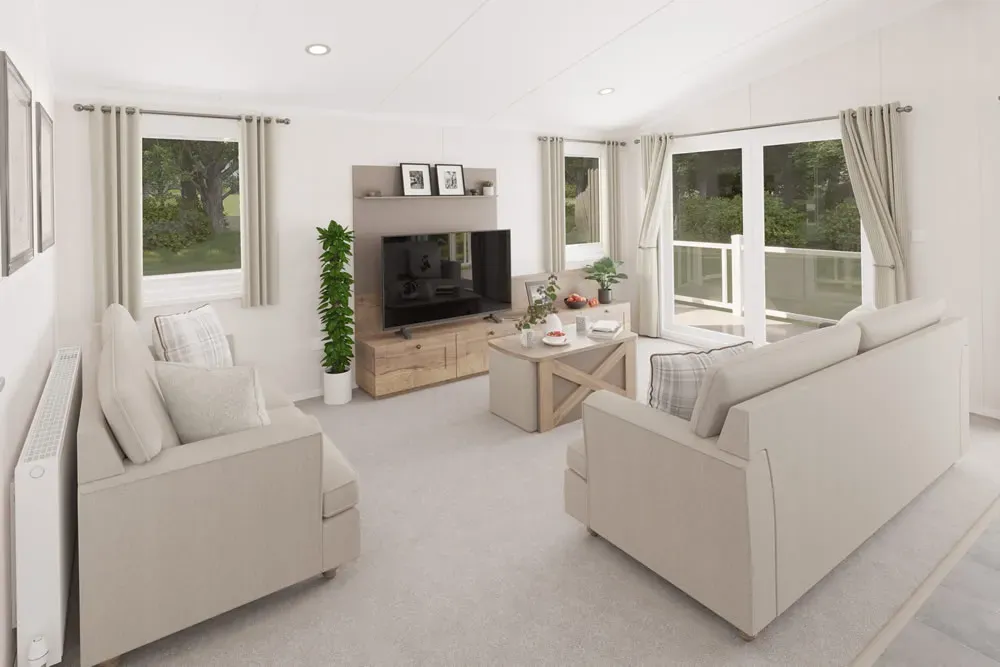 Open-plan living and dining area in the 2025 Swift Montreal Lodge