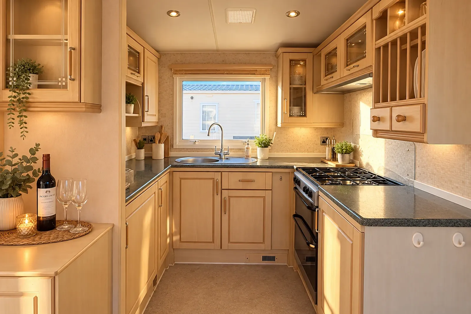 Fitted kitchen with wood-effect cabinetry and worktops in the 2004 Atlas Heritage static caravan