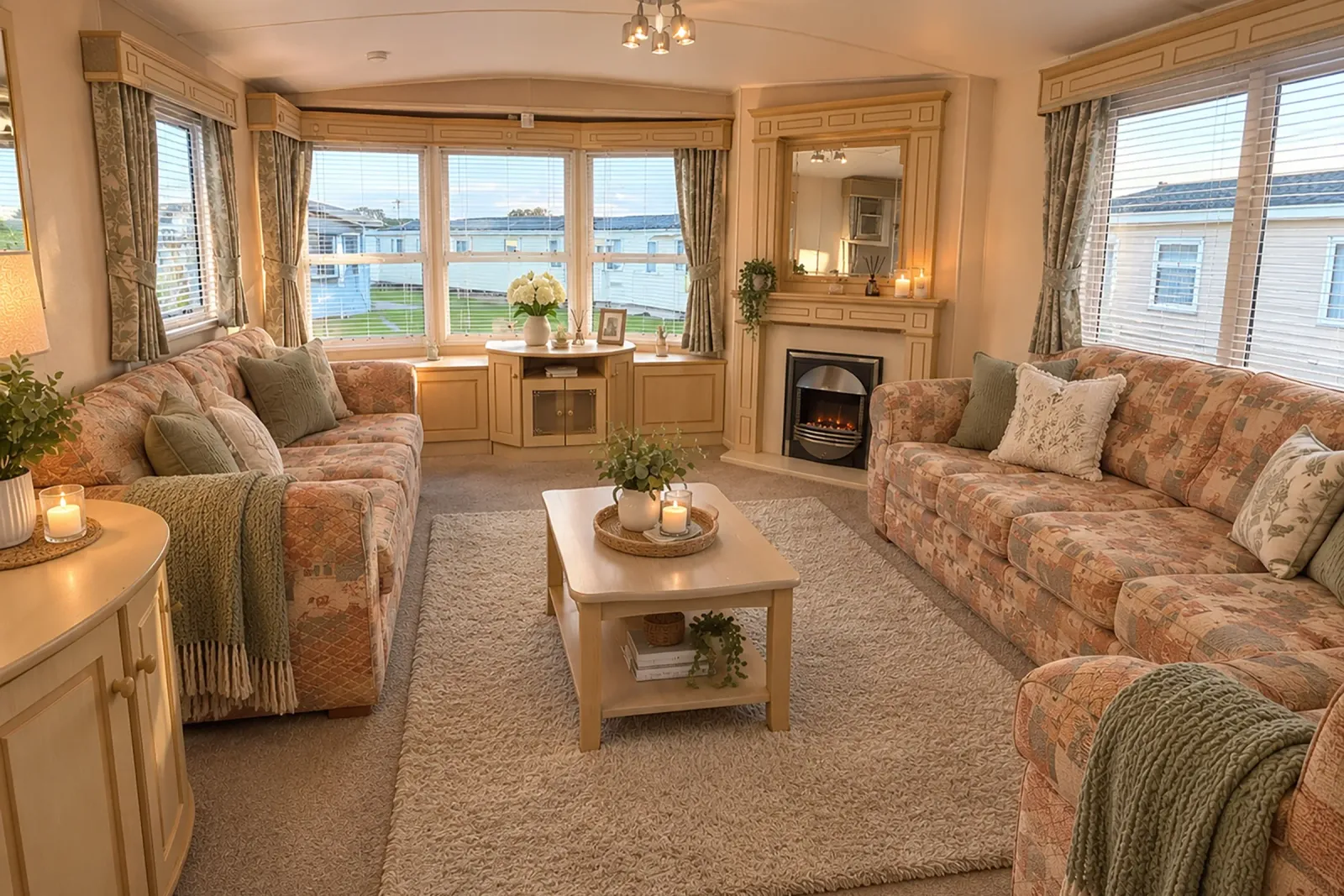 Comfortable lounge with sofas, fireplace and large windows in the 2004 Atlas Heritage holiday home