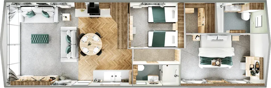 Floor plan of the Willerby Dorchester 43ft by 14ft two-bedroom holiday home showing the living areas, bedrooms and bathrooms