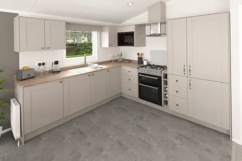 Shaker-style kitchen with integrated appliances in the 2025 Swift Montreal Lodge