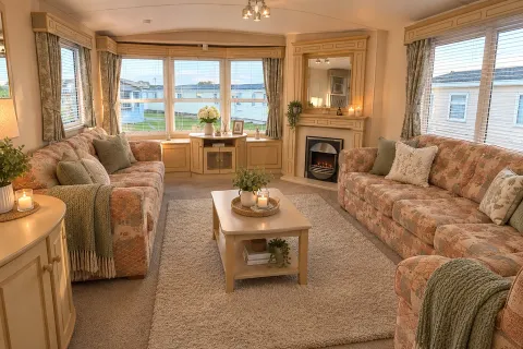 Comfortable lounge with sofas, fireplace and large windows in the 2004 Atlas Heritage holiday home
