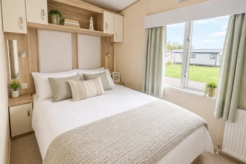 2016 ABI Sunset Coastfields master bedroom with double bed and fitted storage