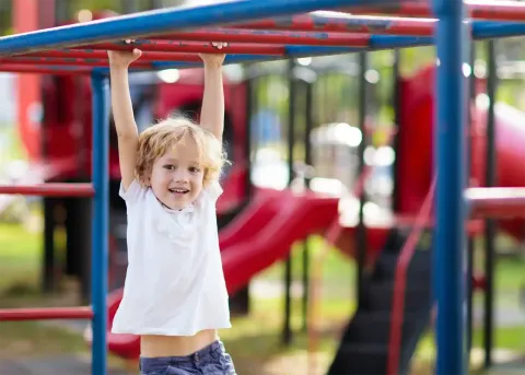 Play Area with child swinging from monkey bars