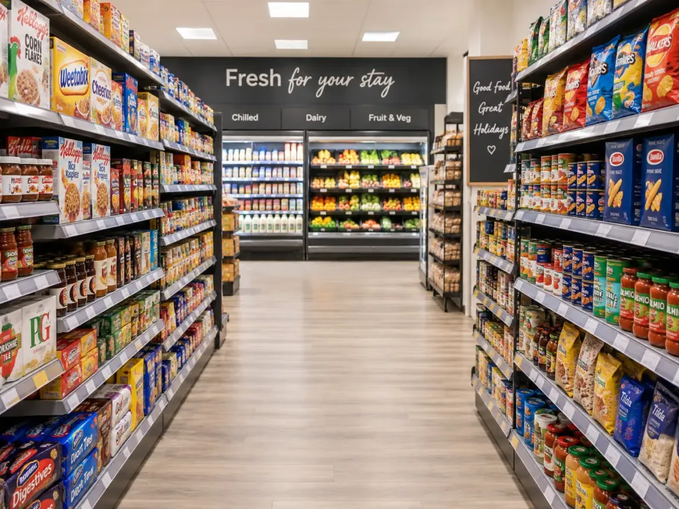 Grocery aisle representing the on-site supermarket at Coastfields Holiday Village in Ingoldmells