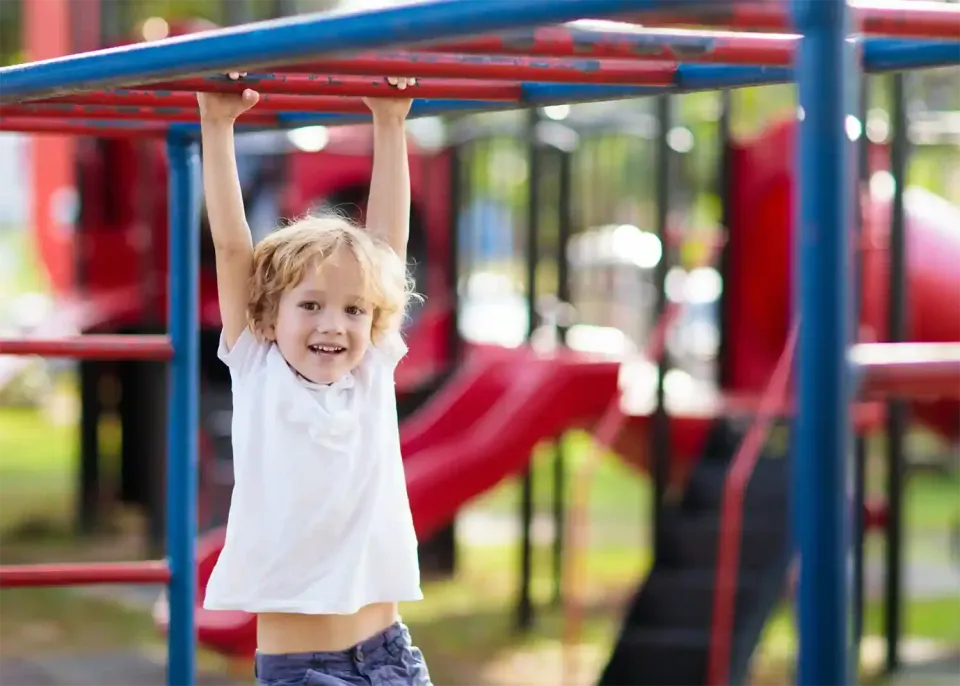 Play Area with child swinging from monkey bars